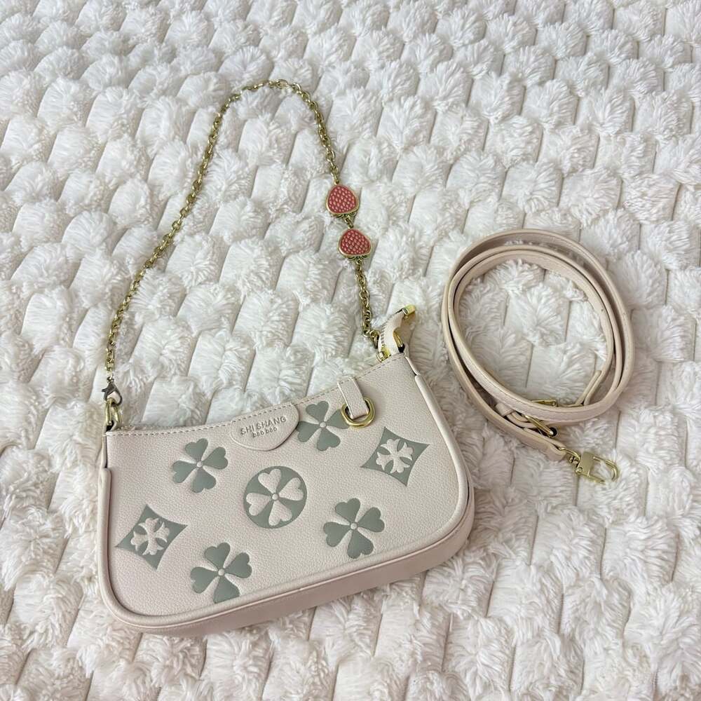 Shi Shang Bao Bao Cream Floral Shoulder Bag With Strawberry Chain